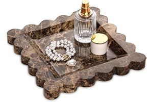 HESHIBI Square Marble Decorative Tray with Scalloped Edge,Luxury Natural Stone Bathroom Vanity Tray, Dresser Top Perfume Coffee Home Kitchen Sink Tray, Key Trinket Ring Tray (Dark Brown, 8 * 8)