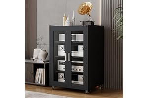 ELECWISH Media Storage Cabinet, Audio-Video Media Stand,Stereo Cabinet with 4 Height-Adjustable Shelves, AV Rack with Glass Doors for Meeting, Living, Recording Room