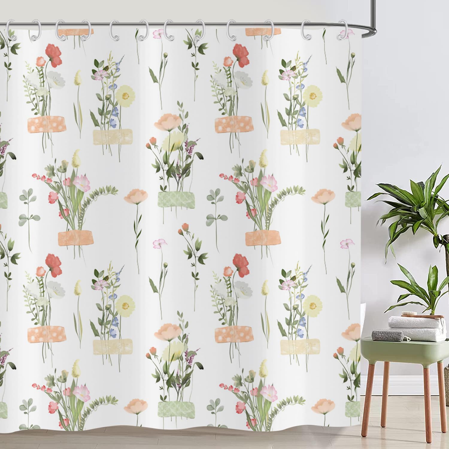 ASDCXZ Flower Shower Curtain 180x180 cm, Spring Rose Red Yellow Colorful Flowers Green Leaves White Bath Washable Shower Curtains Polyester Textile Waterproof Bath Curtain for Bathtub with 12 Hooks — image 1