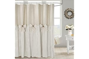 DOSLY IDÉES Linen Button Farmhouse Beige Shower Curtain,Bowknot,Linen and Cotton Woven Fabric,Pleated Brown Stripe,Country Style,72x72 in