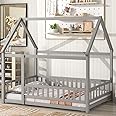 LLS Full Size Floor Bed Frame with Roof, Wooden Montessori Bed with Fence, House Bed for Boys Girls Bedroom, Gray