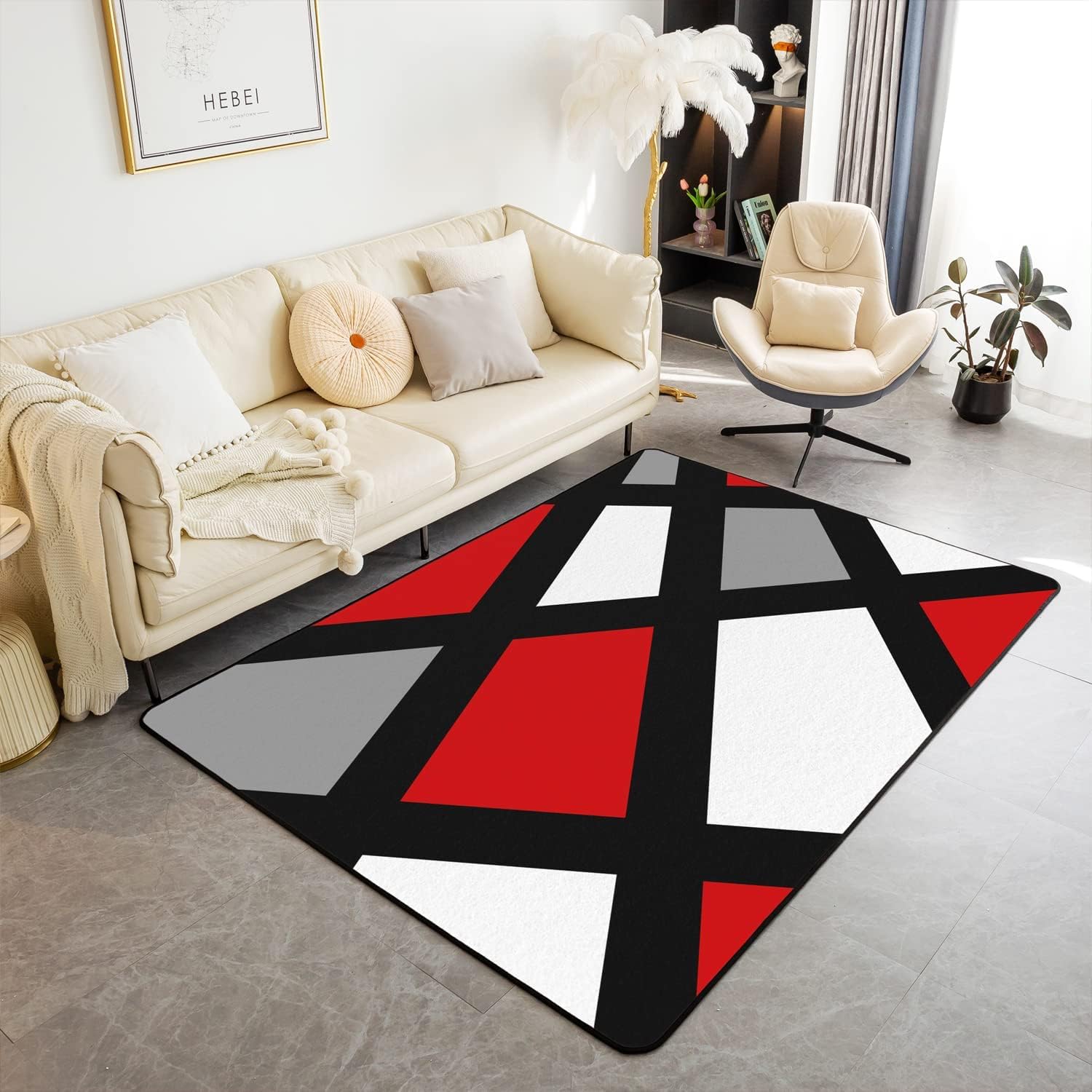 Area Rug,Geometric Strip Lines Accent Rug for Home Living Room Decor,Reversible Modern Abstract Art Plaid Black White Grey Red Decorative Carpet,100x150cm — image 1