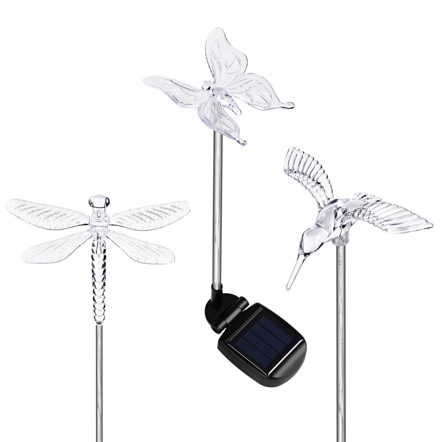 HCTro Solar Garden Lights, Crystal Upper Stake with Built in Multi Color Changing 3 LED, Hummingbird Butterfly Dragonfly, Solar Powered Lights, Outdoor Solar Lights for Patio Yard Fairy, 3 Pack