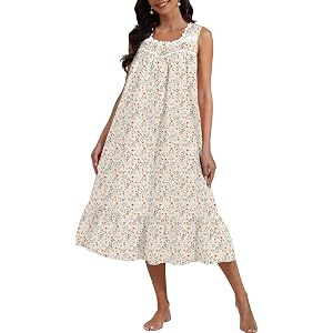 lane feel 100% Cotton Floral Pearl Snap Nightgown for Women Sleeveless Victorian Sleep Dress Cotton Nightgowns with Pockets