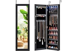 Giantex Wall or Door Mounted Jewelry Cabinet with Full Length Mirror, Over The Door Jewelry Armoire Organizer with Lights, Large Storage with Necklace Hooks, Earring Slots & Shelves (Black)