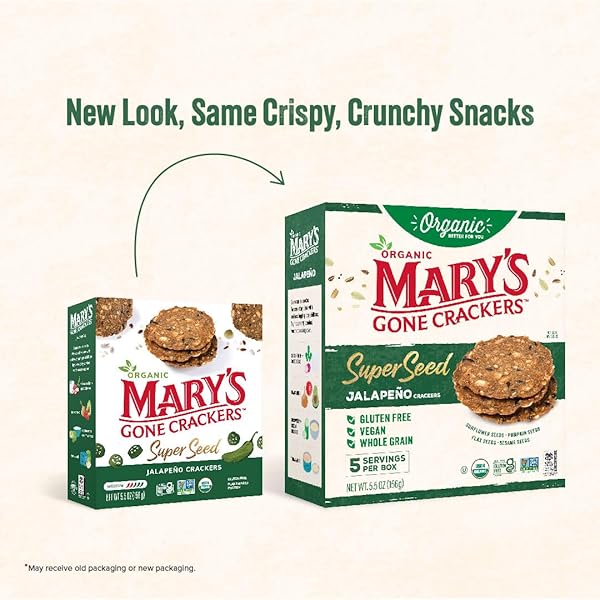 MARY’S GONE CRACKERS ORGANIC SUPER SEED CRACKERS, JALAPENO – GLUTEN-FREE, NON-GMO, VEGAN & WHOLE GRAIN, 5.5 OUNCE (PACK OF 1)