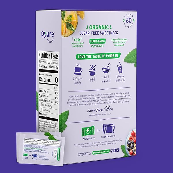 PYURE ORGANIC STEVIA PACKETS | ZERO CALORIE SWEETENER FOR COFFEE, AND BAKING | GRANULATED STEVIA SUGAR SUBSTITUTE | PLANT-BASED, KETO, DIABETIC & PALEO FRIENDLY | USDA ORGANIC, NON-GMO | 80 PACKETS