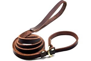 Wellbro Real Leather Slip Lead Dog Leash, Soft Adjustable Pet Slip Leads with Slider, Heavy Duty Flat Dog Training Leash for Medium and Large Dogs, 6ft Long by 0.7 Inch Wide, Brown