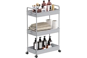 SOLEJAZZ Rolling Storage Cart, 3 Tier Utility Cart Mobile Slide Out Organizer, Bathroom Standing Rack Shelving Unit Organizer for Kitchen, Bathroom, Laundry Room, Gray