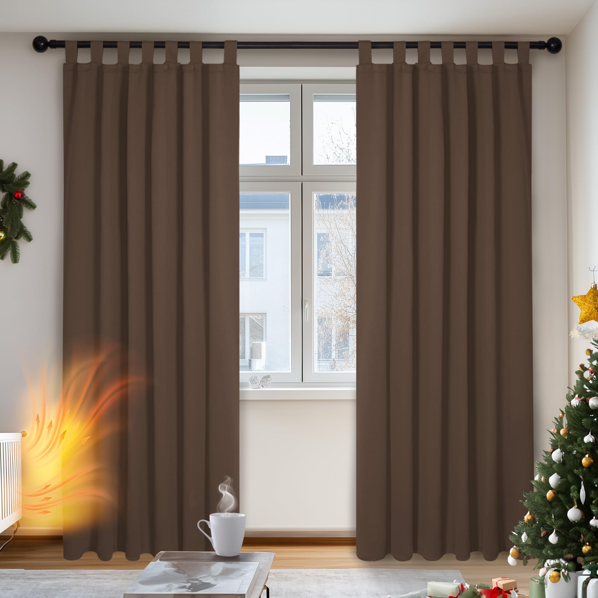 Deconovo Solid Tab Top Thermal Insulated Curtains 55 x 114 Inch Brown 2 Panels