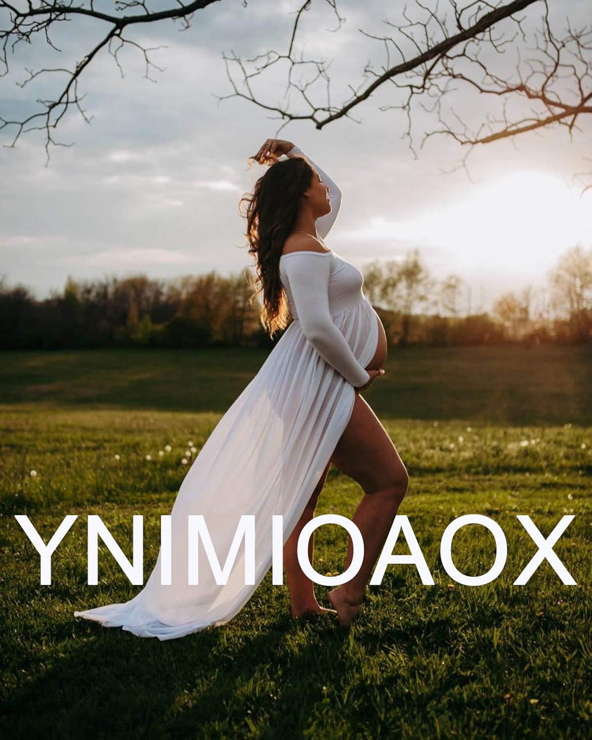 YnimioAOX Women's Off Shoulder Long Sleeve Maternity Dress for Photography Chiffon Maternity Gown for Photoshoot（A1-White at  Women’s Clothing store