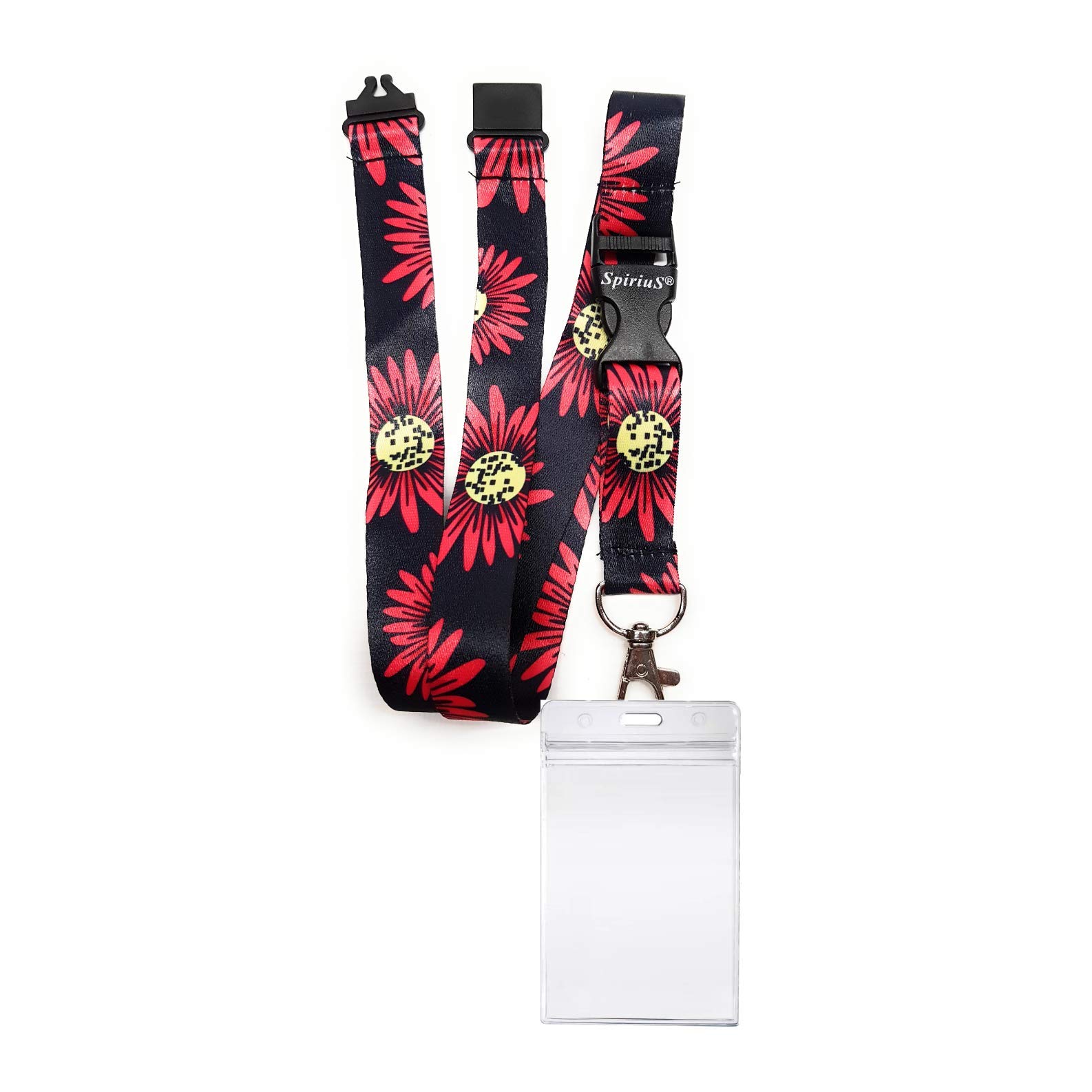 SpiriuS Lanyard Neck Strap with Metal Clip & Safe Zip-Lock Waterproof Id Badge Card Holder (Big Flowers)