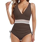 Buauty Women's One Piece Swimsuits Tummy Control Bathing Suits for Womens Color Block Drawstring Slimming Swimwear