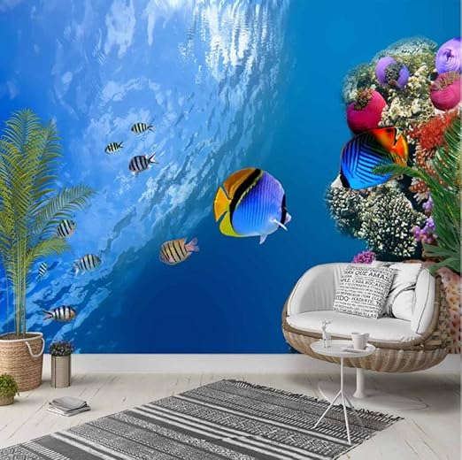 Amazon Lcymt 壁画の壁紙 熱帯青い海の色の魚3dプリント写真掃除可能な生地壁画家の装飾リビングルームの寝室の背景の壁紙 280x0cm 壁紙