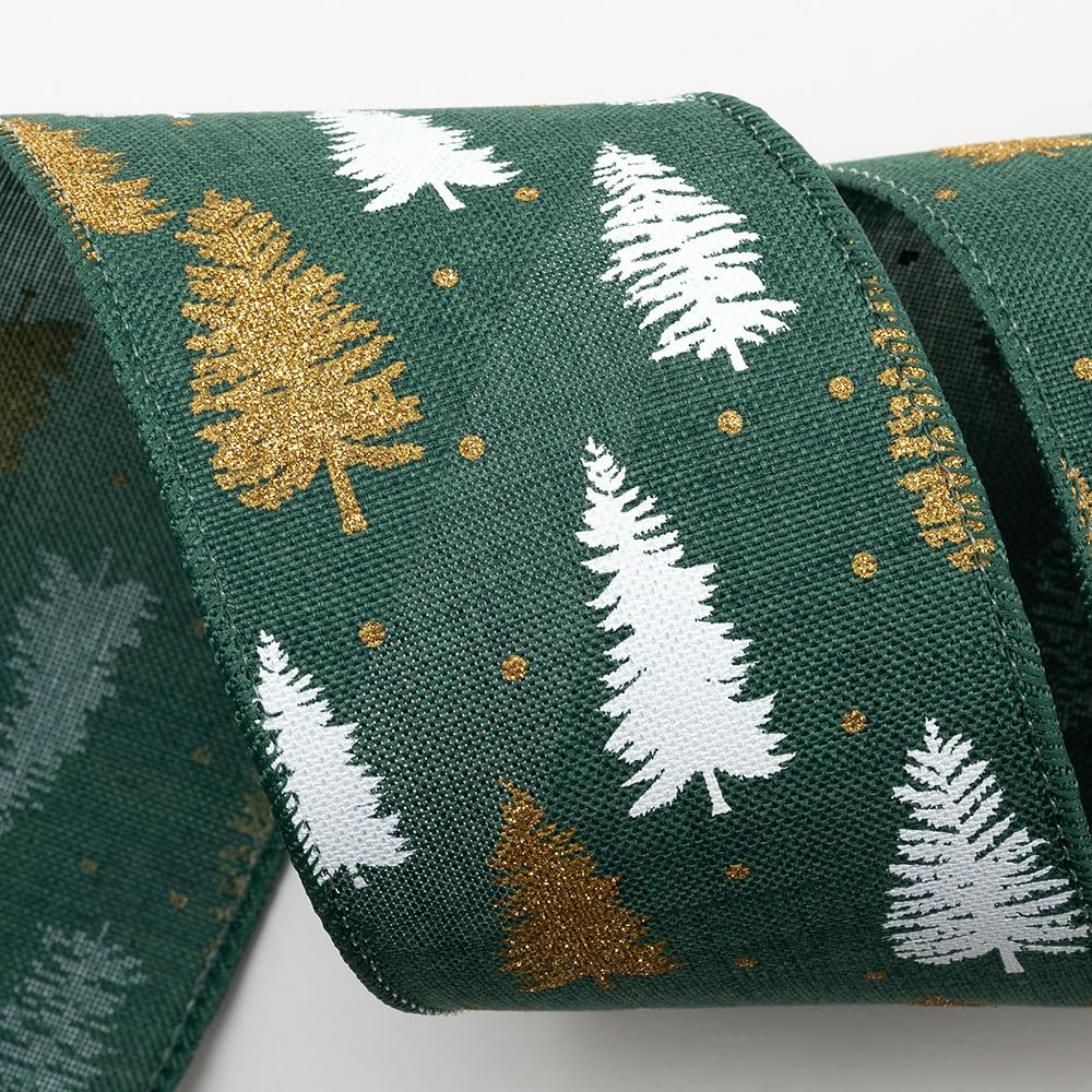 Italian Options Linen Christmas Tree Wired Ribbon, Elegant, Wide, Hessian Ribbon for Crafts, Gift Wrapping Accessories, Wreaths, Tree Decorations, Burlap Fabric Borders, Green, Gold, 63 mm x 10 Metre — image 1