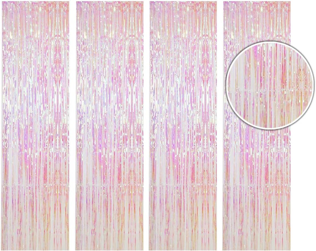BTSD-home Iridescent Transparent White Foil Fringe Curtain, Metallic Photo Booth Tinsel Backdrop Door Curtains for Wedding Birthday Baby Shower Bachelorette Party Decorations(4 Pack, 12ft x 8ft)