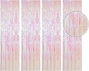 BTSD-home Iridescent Transparent White Foil Fringe Curtain, Metallic Photo Booth Tinsel Backdrop Door Curtains for Wedding Birthday Baby Shower Bachelorette Party Decorations(4 Pack, 12ft x 8ft)