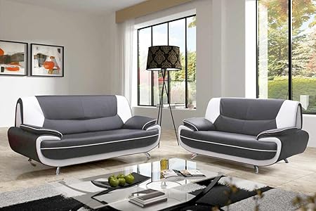 Mobilier Deco Ensemble Canape 3 2 Places Gris Et Blanc Design Muza