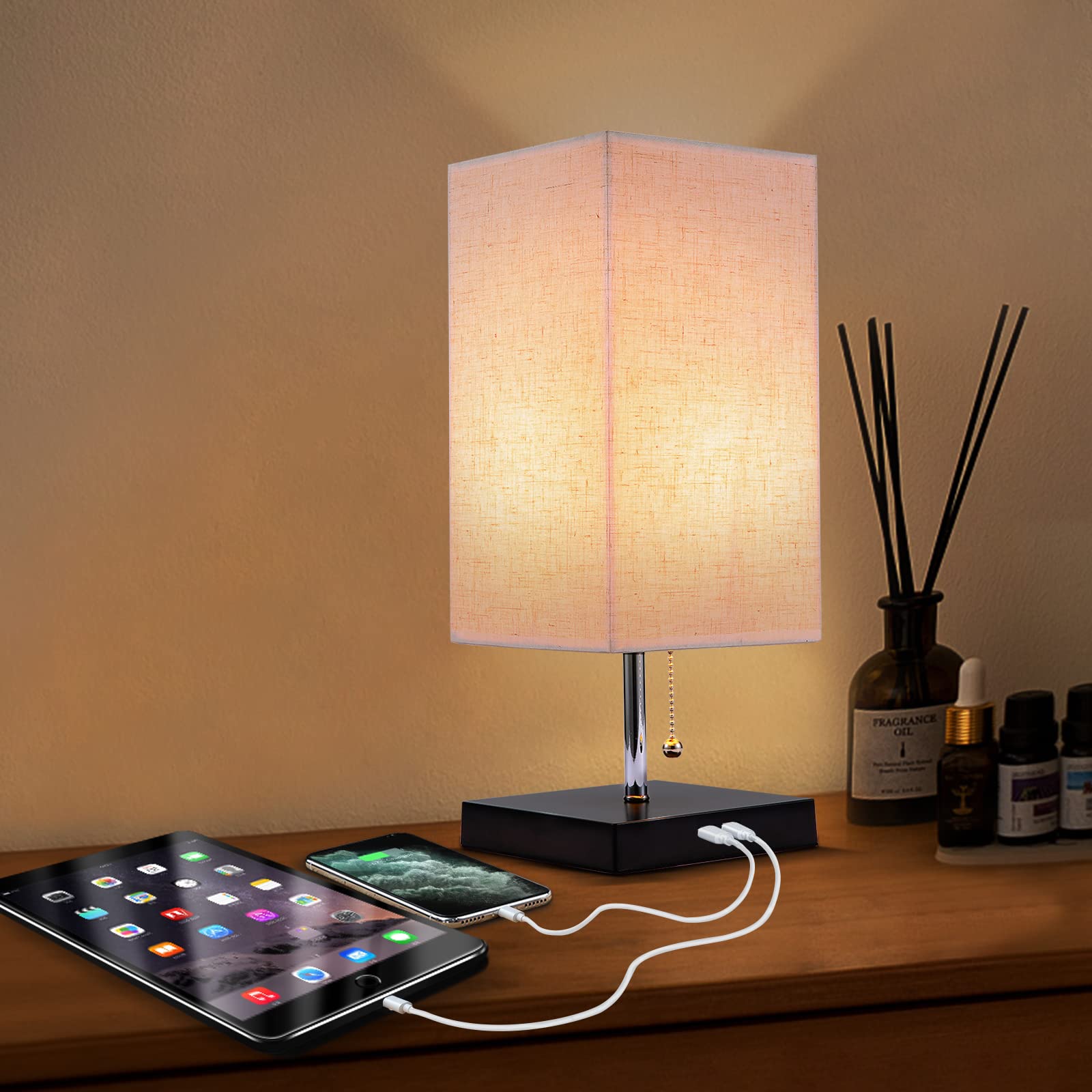 Photo 1 of Siljoy Modern Table Lamp with 2 USB Charging Ports, Nightstand Bedside Desk Lamp with Beige Fabric Lampshade, Pull Chain Switch & Black Wooden Base, Ambient Light Beside Lamps for Bedroom, Living Room