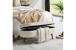 Zaboro Oval Storage Bench, 43.5 Inches Linen Upholstered Entryway Bench with Solid Wood Legs & Safety Hinge Flip Top, End of Bed Bench for Bedroom, Living Room, Entryway, 250 lbs Load, Beige