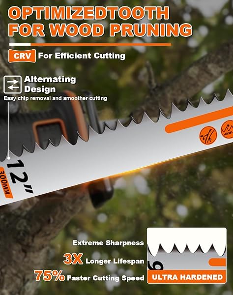 8 PACK 12 INCH 5 TPI WOOD PRUNING RECIPROCATING SAW BLADES FOR TREE TRIMMING AND WET WOOD CUTTING, CR-V SAWZALL BLADES WITH FLEAM-GROUND TEETH FOR LONGER LIFE AND FASTER CUTTING SPEED, 1 X HANDLE