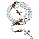 HELLOWIN 8mm White Cat's Eye Beads Catholic Rosary Necklace with Coral Rose Glory Beads in Virgin Mary PU Leather Bag for Women