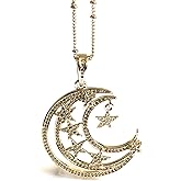 Crescent Moon and Stars Necklace 17.5 Inches Sattelite Chain
