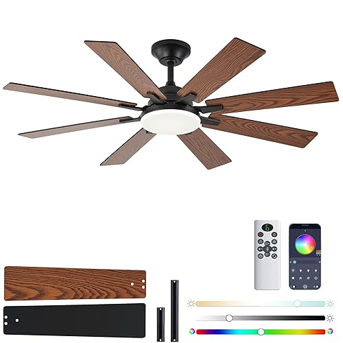 LSPMKE 52 Inch Ceiling Fans with Lights, Brown Ceiling Fan with Light and Remote Control, Reversible DC Motor, 3CCT, Dimmable, Timer, Noiseless, Ceiling Fan for Bedroom Living Room, Indoor/Outdoor Use