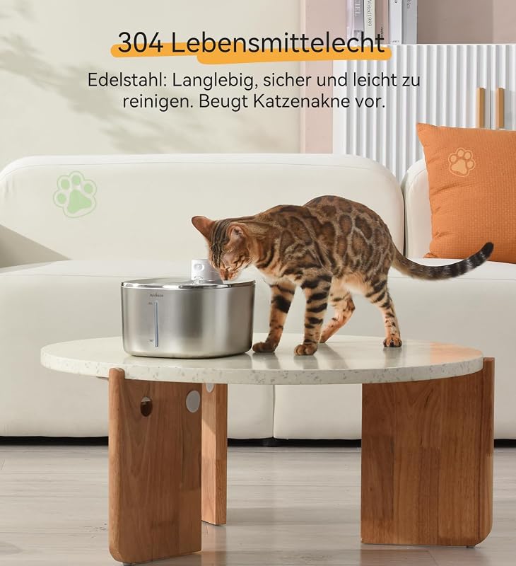 Katzenbrunnen Edelstahl Kabellos 4.1L mit Sensor 3 Modi & 4000mAh