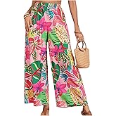 MakeMeChic Women's Plus Size Floral Palazzo Pants Elastic Waist Wide Leg Tropical Print Summer Trousers