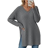 Velvelhall Women's Long Sleeve Sweater, V Neck Oversized Side Split Casual Top Loose Fit Lightweight Knit Pullover Sweaters