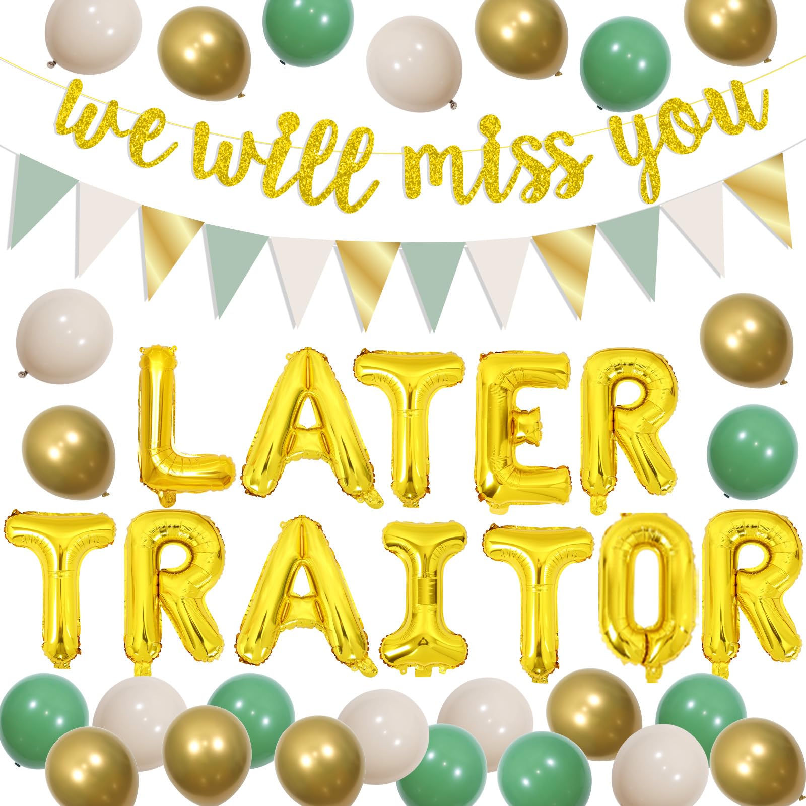 Sursurprise Leaving Party Decorations Sage Green, Later Traitor Balloons for Colleagues We Will Miss You Banner Good Luck Work Bestie Farewell Retirement Party Supplies for Women Men