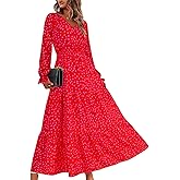 Scapodo Women's Boho Maxi Dress Long Sleeve V-Neck Pleated Print Comfortable Casual Long Dresses for Vacation and Daily