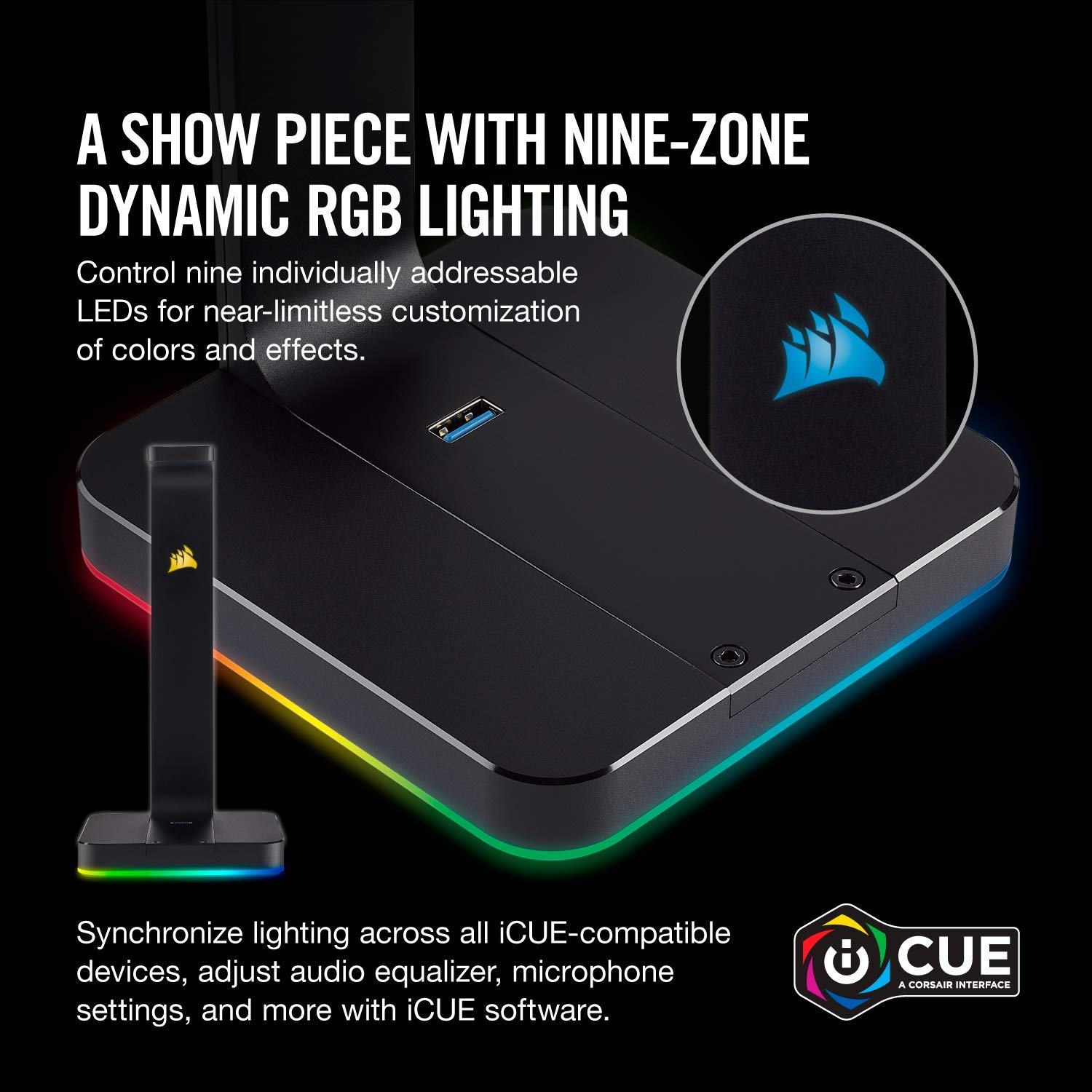 Corsair ST100 RGB Premium Headset Stand with 7.1 Surround Sound - 3.5mm and 2xUSB 3.0,Aluminum