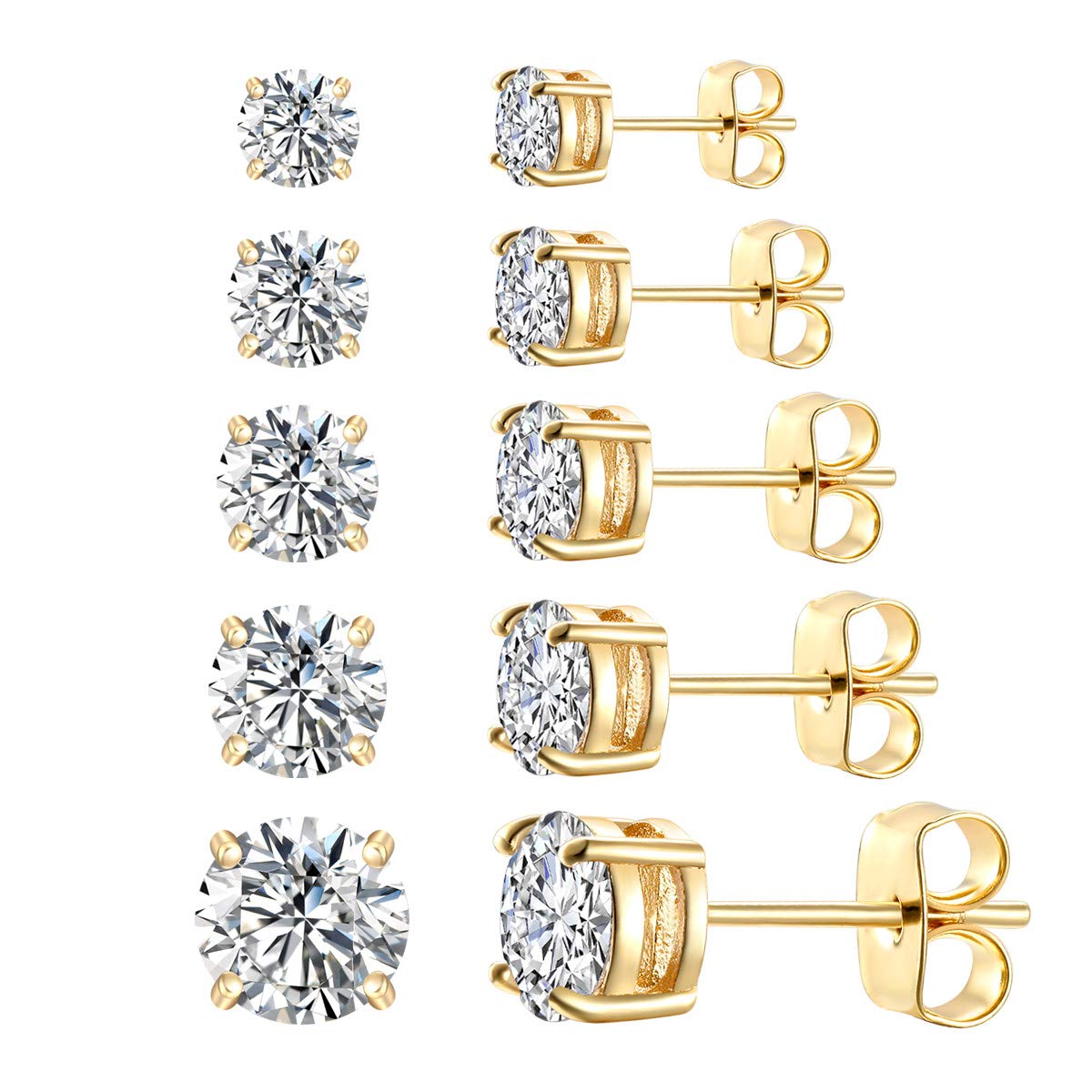 FOSIR Mens Womens 18K Real Gold Plated CZ Stud Earrings Simulated Diamond Cubic Zirconia Ear Stud Set(5 Pair) — image 1