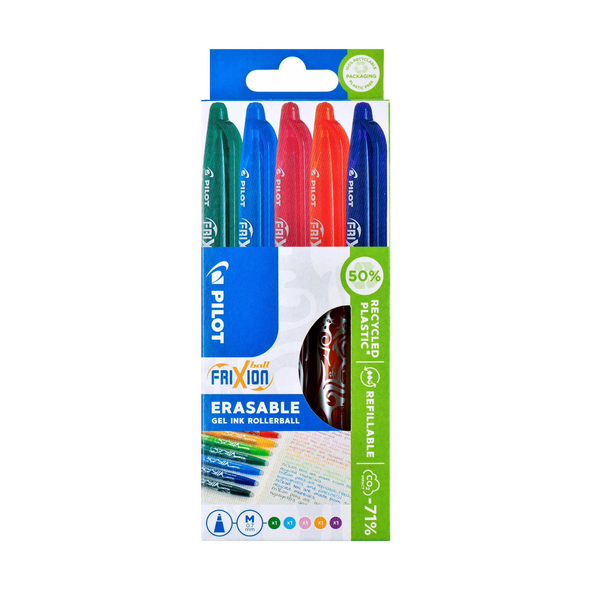 Pilot Frixion Erasable Rollerball 0.7 mm (Pack of 5) - Orange/ Light Blue/ Green/ Purple/ Pink