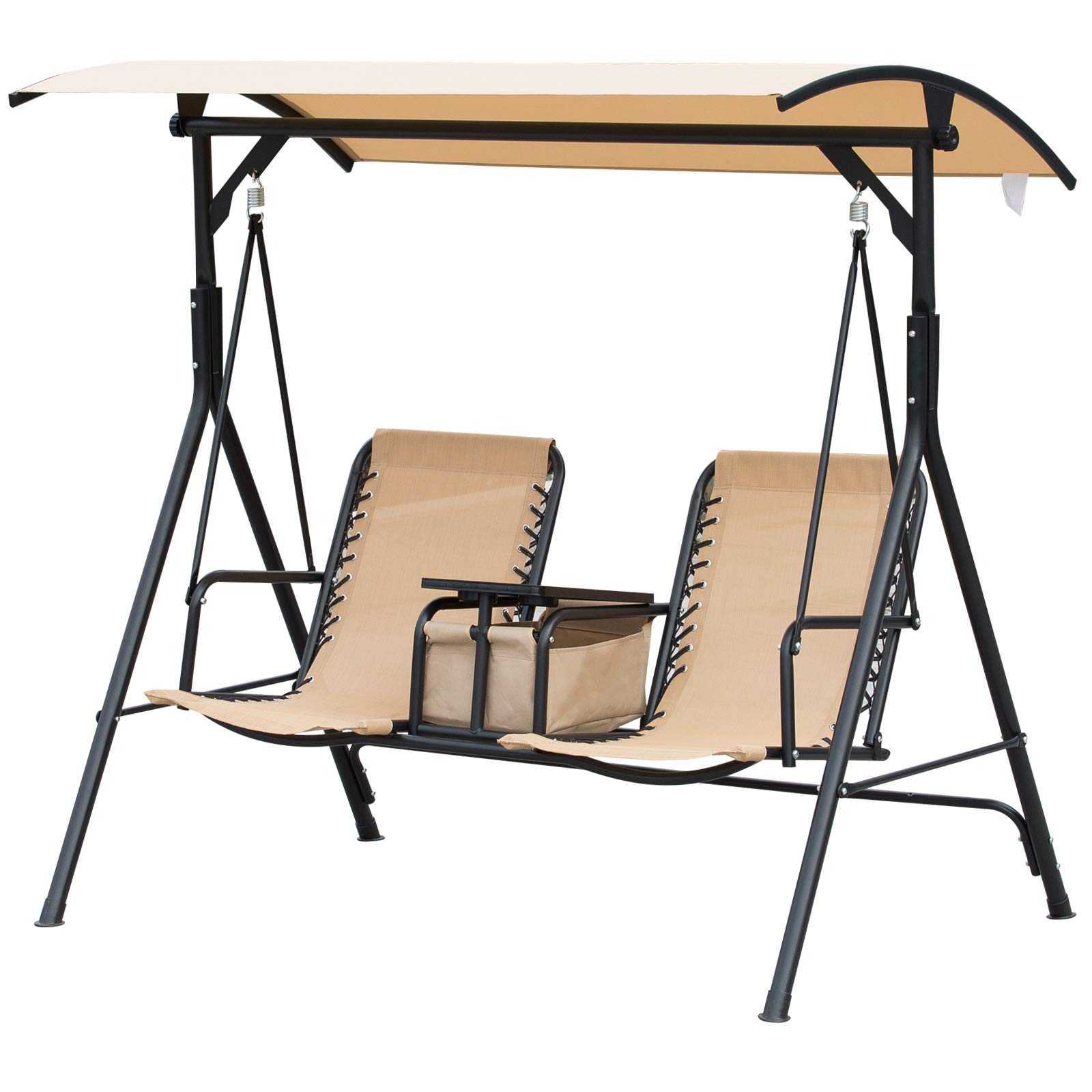 Outsunny 2 Person Covered Porch Swing with Pivot Storage Table, Cup Holder, & Adjustable Overhead Ca
