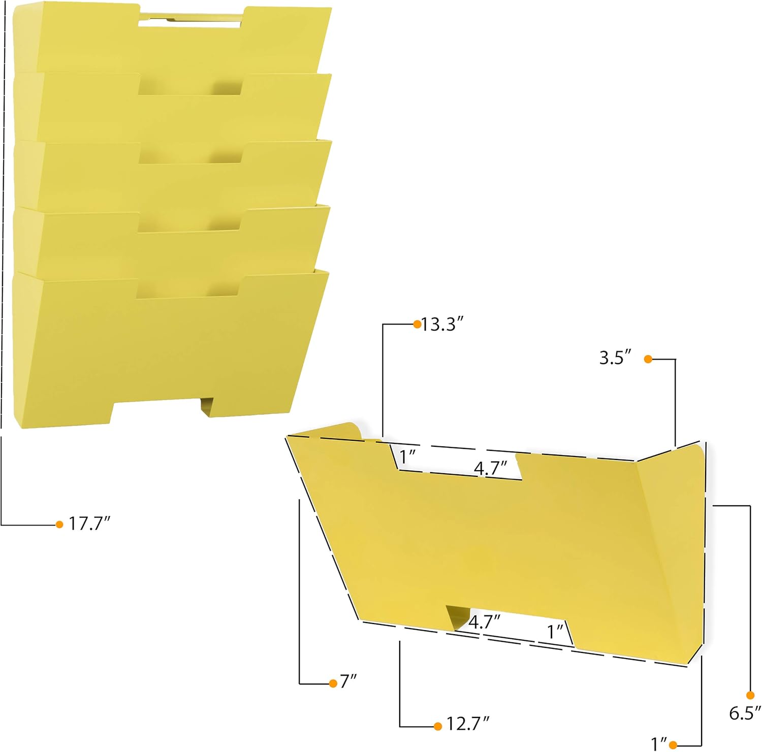 Wallniture Lisbon Metal Wall File Holder Organizer, 5-Tier Yellow Office Decor and Magazine Holder, File Folders Letter Size : Office Products