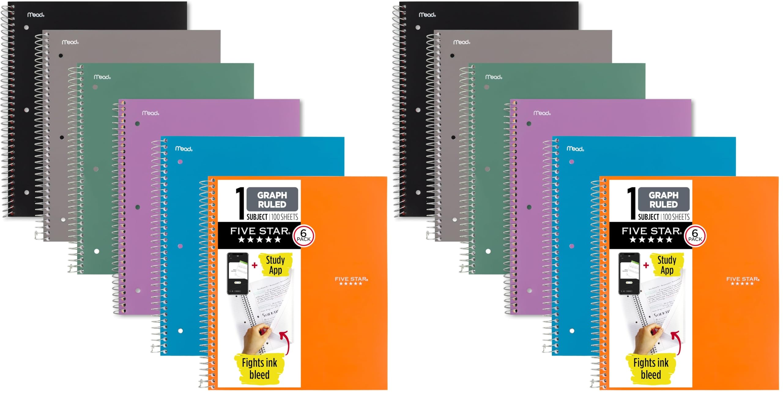 Five Star Spiral Notebook + Study App, 1 Subject, Graph Ruled Paper, 8-1/2" x 11", 100 Sheets, Fights Ink Bleed, Water Resistant Cover, Assorted Colors (73549) | (Pack of 12) Image