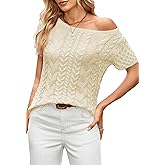 Cakulo Womens Cable Knit Off The Shoulder Sweaters Tops Short Sleeve Crew Neck Pullover Sweater 2025 Apricot L