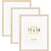 11x14 Picture Frames Matted for 8x10 and 6x8 Picture, Set of 3 Solid Wood Picture Frame with Tempered Real Glass, Wall Gallery Frame Set for Tabletop or Wall Mounting Display (3 Pack of Oak)