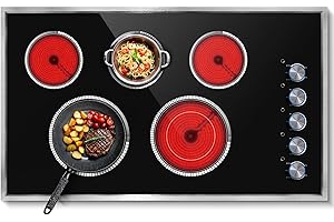 Pladeca 36 Inch Electric Cooktop, 5 Burner Electric Stove Top 8400W, 36" Ceramic Stove with Knob Control, Over-Temperature Protection, Dual Ring Zone, 220-240V Hard Wired (No Plug)