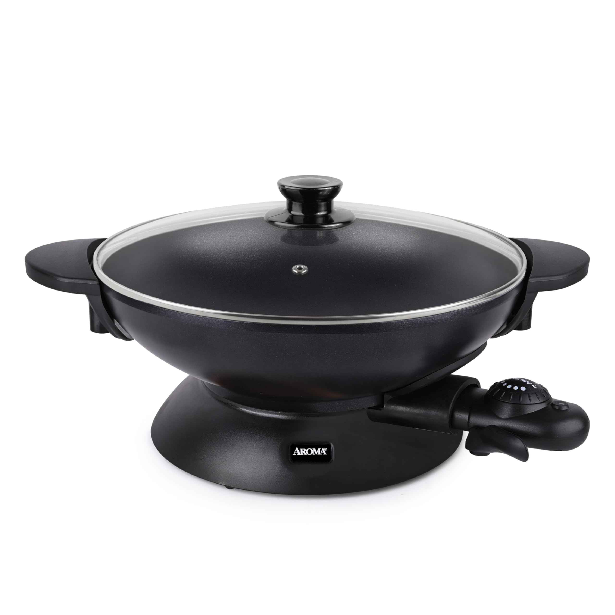 Photo 1 of Aroma Housewares AEW-306 Electric Wok with Tempered Glass Lid Easy Clean Nonstick, Cooking Chopsticks, Tempura and Steaming Racks, Professional Model, Black