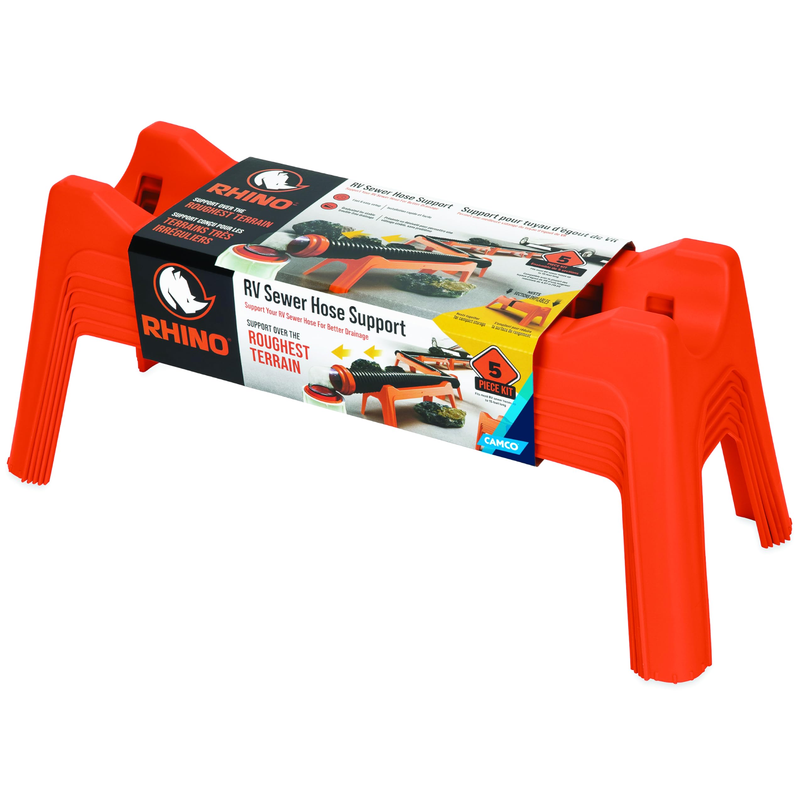 Camco Rhino RV Sewer Hose Support Kit - Extends Over Uneven Terrain for Easy Drainage - Supports Up to 15-Feet of RV Sewer Hose - Features Nesting Design for Storage - 5 Support Sections (43072) Image