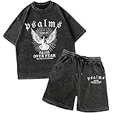 BEAUDRM Men's Y2k 2 Piece Vintage Outfits Punk Grunk Graphic Wash Short Sleeve T-Shirt and Drawstring Shorts Streetwear