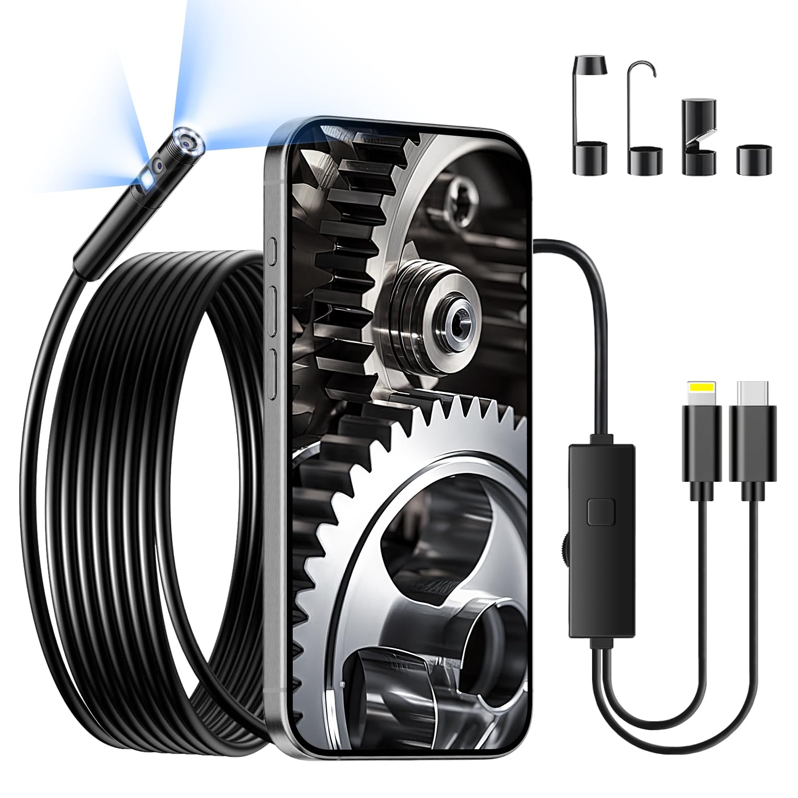 Fotocamera Doppia Lente Endoscopio Qimic 1080P HD Doppia Lente - Cavo 5m Impermeabile IP67 Per Android IPhone Endoscopio Dual Lens 1080p