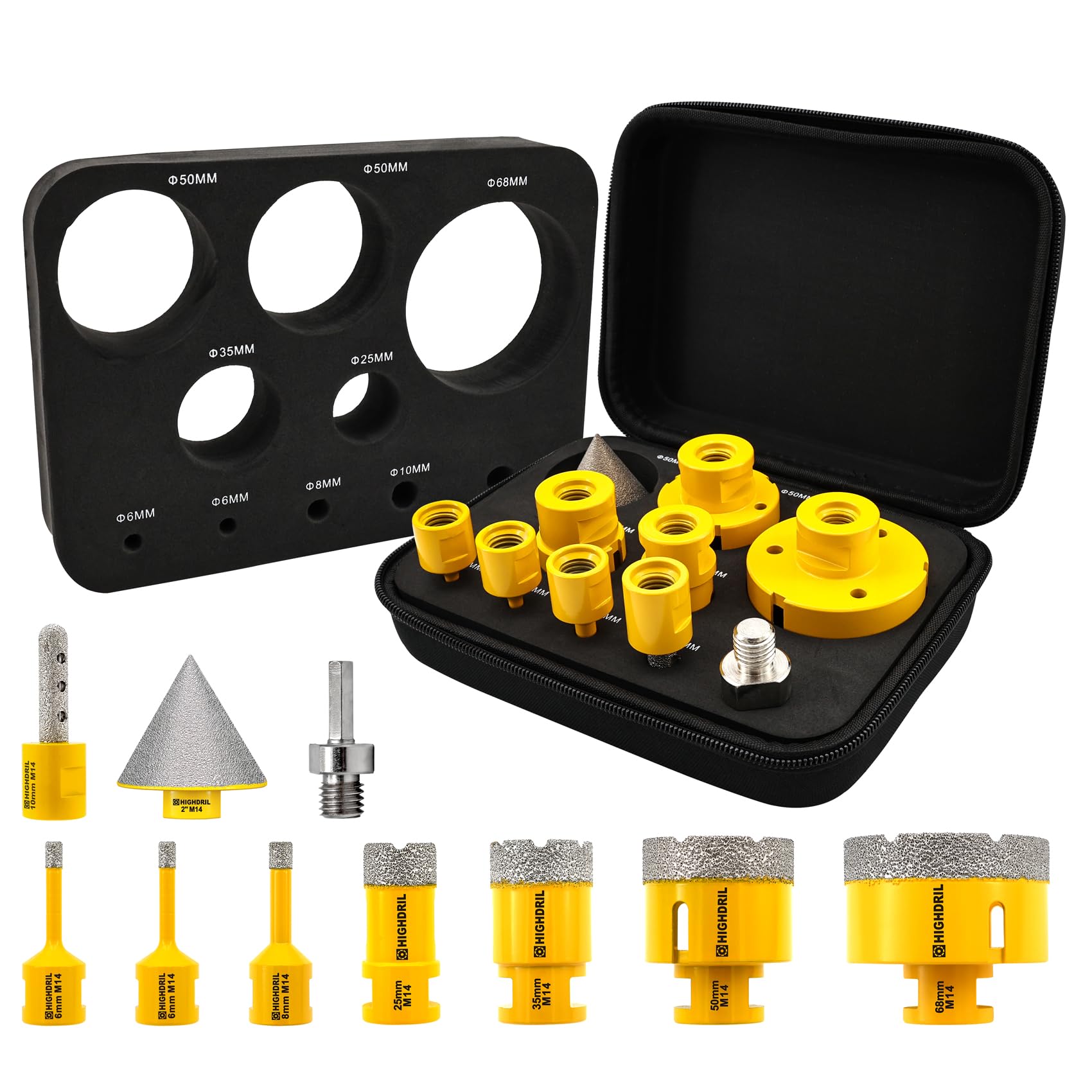 HIGHDRIL Diamond Hole Saw Kit - 6/6/8/25/35/50/68mm Drill Bits, 10mm Finger Bit, 50mm Chamfer Bit, HEX Adapter, 10Pcs Diamond Core Drill Bit Set for Porcelain Ceramic Tile Granite Marble — image 1