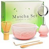 RANERANE Matcha Whisk Set, Lotus Gradient Pink Ceramic Matcha Set Includes Matcha Bowl, Matcha Whisk (Chasen) and Holder, Sifter, Bamboo Scoop & Spoon - 6 Pcs Matcha Kit for Matcha Lovers