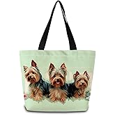 ZhuVantrix Yorkshire Terrier Tote Bag Reusable Grocery Bags Cute Aesthetic Shopping Shoulder Handbag with Interior Zipper Pocket Stylish Oil Painting Yorkshire Terrier Present for Dog Mom Women