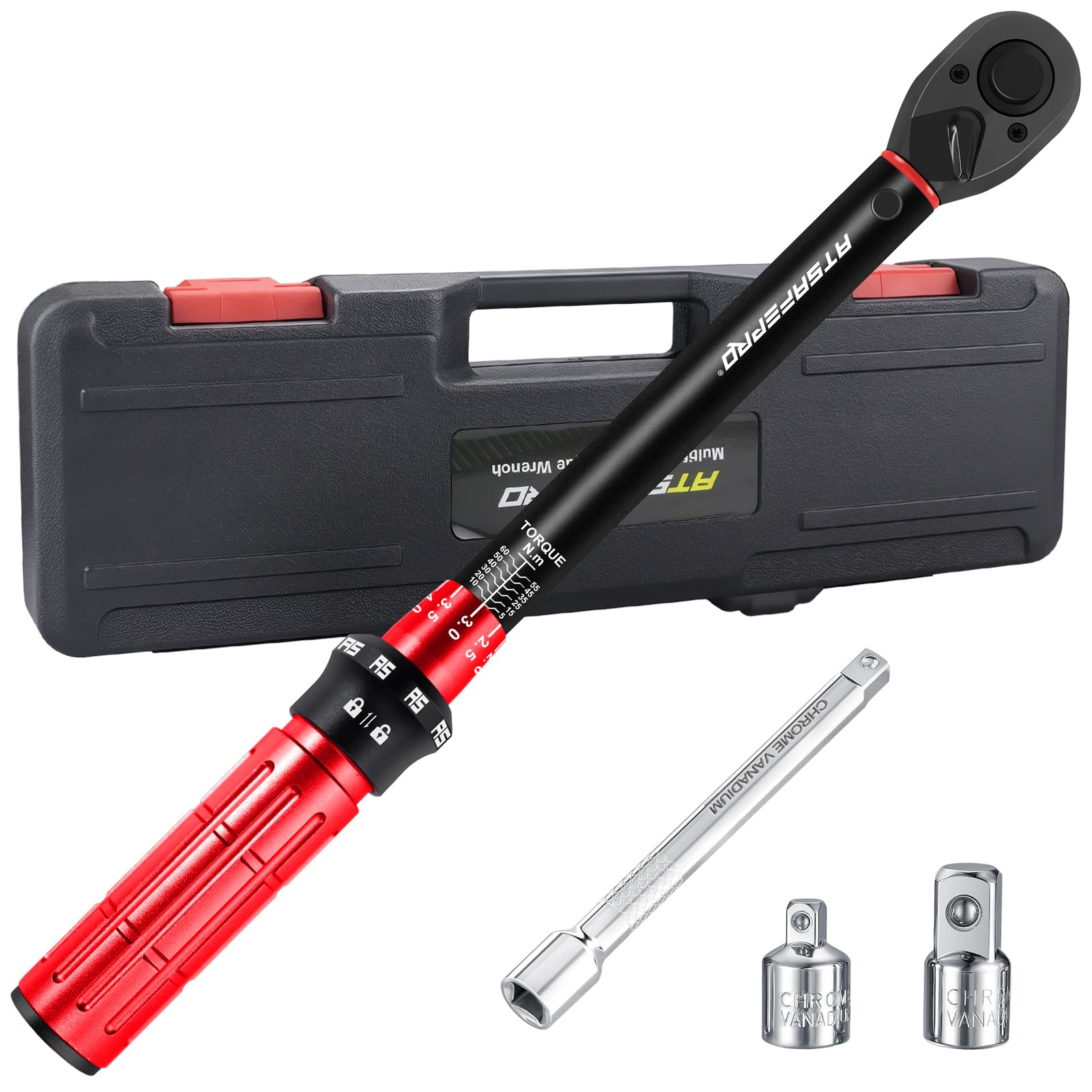 ATsafepro 3/8 Inch Torque Wrench Set,5-60 Nm with 3/8" to 1/4", 3/8" to 1/2" Socket Adapter & 6" Extension Bar–±3% Accuracy, Reversible Ratchet Head for Cars, Bicycles, Moto,DIY